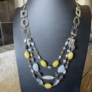 Signed Lia Sophia “Lemoncello” Yellow White Silver Tone Gray 24" Layer Necklace